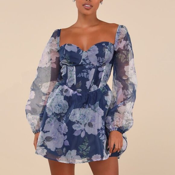 Lulus Dresses & Skirts - Lulus Positively Enchanting Blue Floral Organza Bustier Mini Dress - Size L